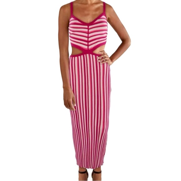 Torn by Ronny Kobo Dresses & Skirts - Torn by Ronny Kobo Red, Pink and Cream Artemis Knit Striped Cut-out Midi Dress